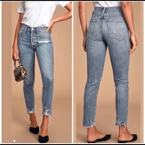AGOLDE Jamie High-Rise Distressed Skinny Blue Jeans With Chewed Hem in Grade 24”